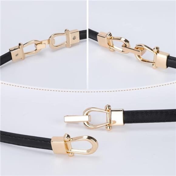 Leather Women Belt Thin Waist Belts up to 37 Inches with Golden Buckle 2 Pack - Picture 3 of 7